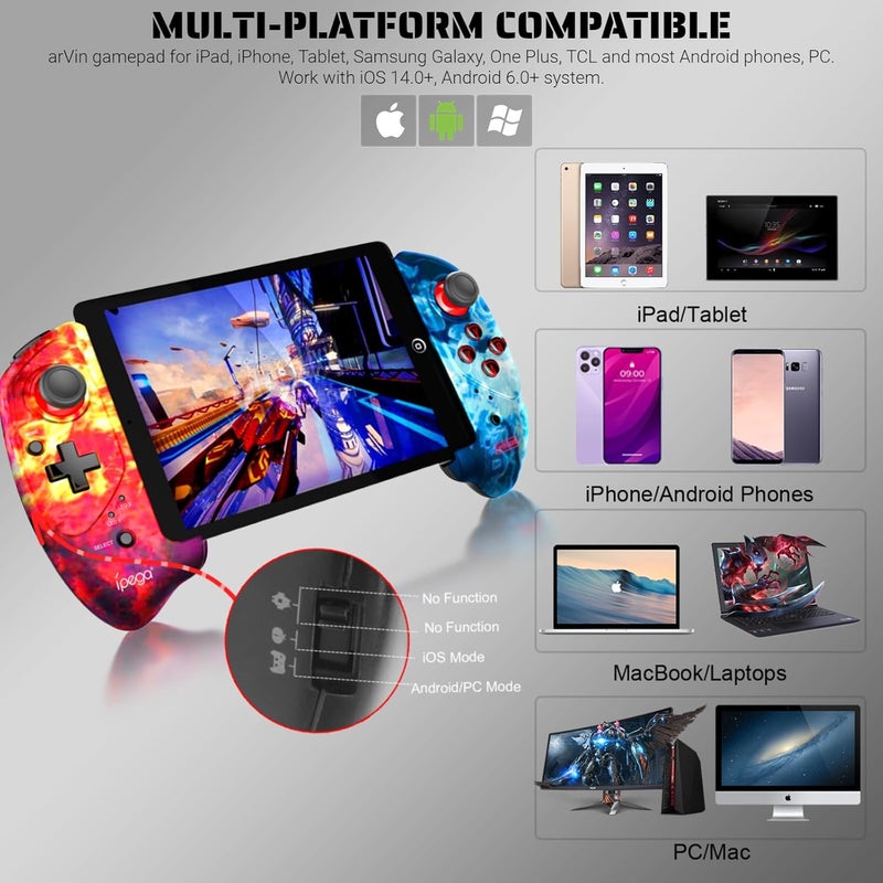 arVin Wireless Gaming Controller for iPad/Mini/Air/Samsung Galaxy Tab/HUAWEI MatePad/Yoga Tab[within 5-11"] Gamepad Joystick for iPhone 15/14/13 Pro Max/Galaxy 23/22/21/PC/Call of Duty Mobile/Genshin - Image 2